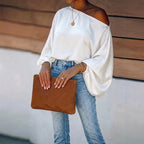White Women's Satin Blouse with Asymmetric Off-Shoulder Neckline & Batwing Sleeves - Front Pose Clutch