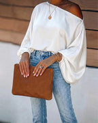 Women's Satin Blouse with Asymmetric Off-Shoulder Neckline & Batwing Sleeves