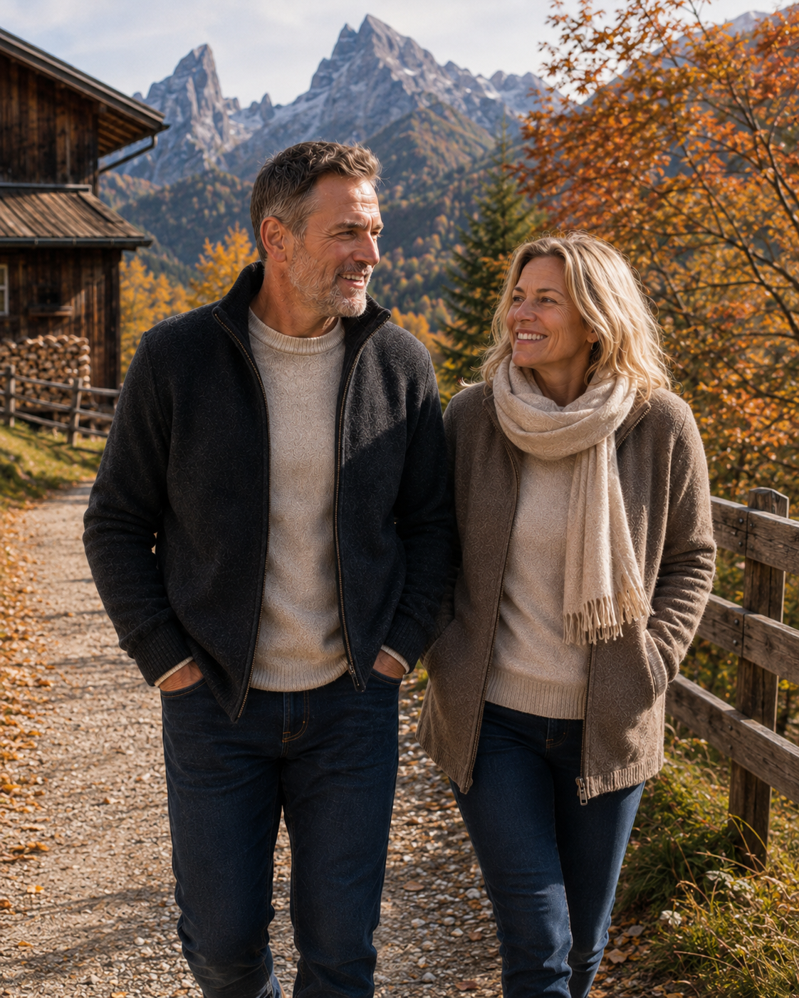 A man and a woman walking together on a gravel path on a cool autumn day, both in knitwear and a fleece jacket.