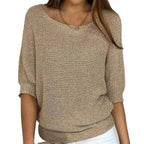 Beige Women's Batwing Knit Sweater with Ribbed Hem & Relaxed Fit