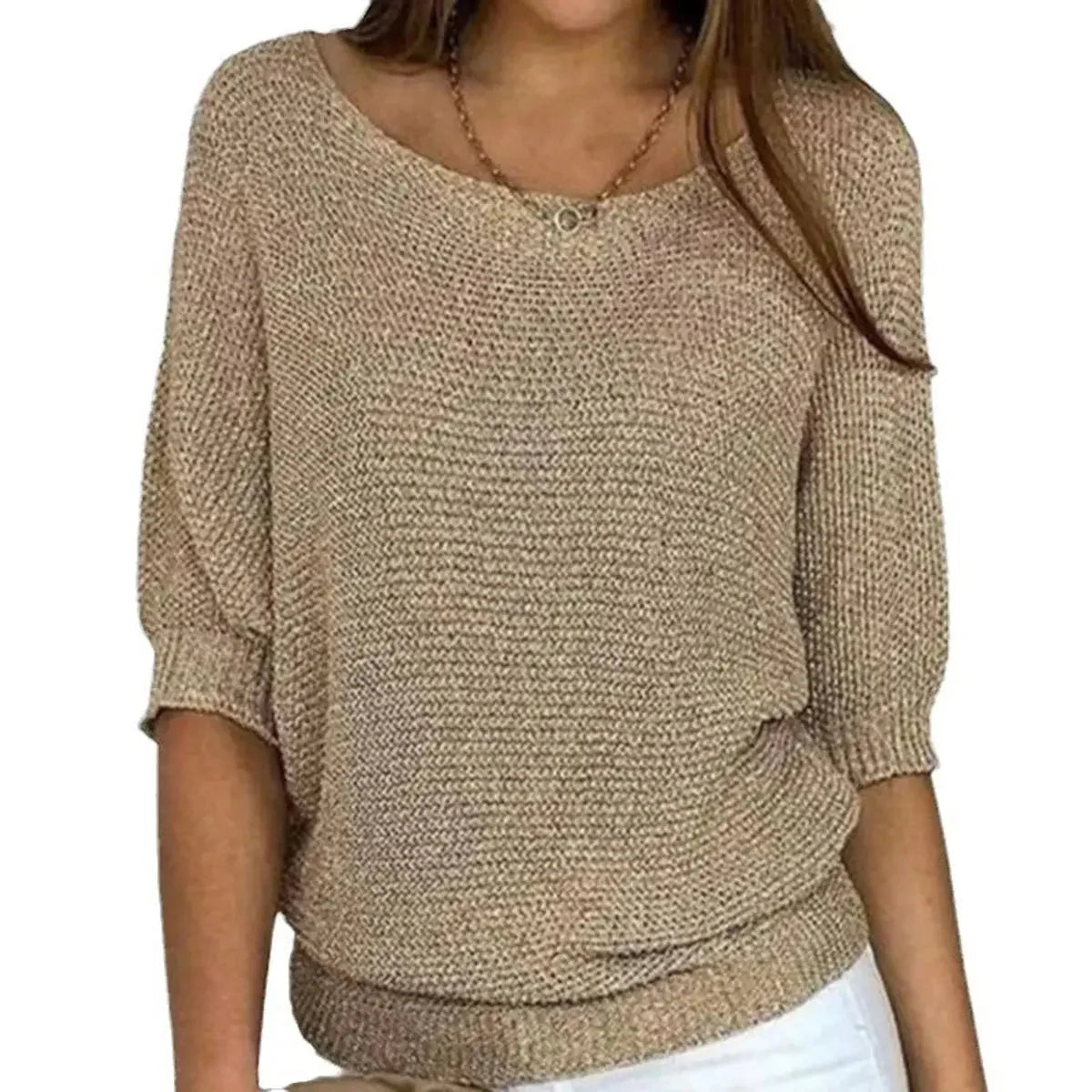 Beige Women's Batwing Knit Sweater with Ribbed Hem & Relaxed Fit