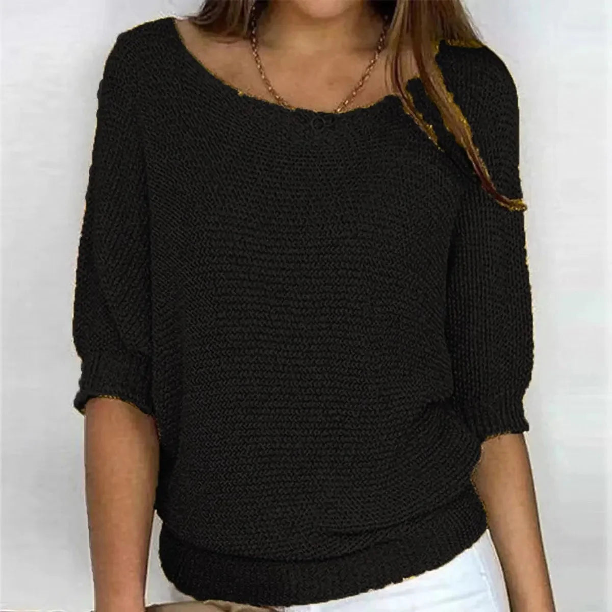 Black Women's Batwing Knit Sweater with Ribbed Hem & Relaxed Fit