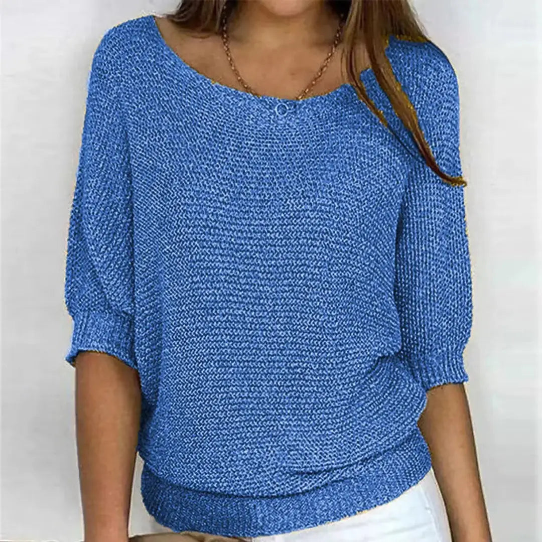 Blue Women's Batwing Knit Sweater with Ribbed Hem & Relaxed Fit — Lola