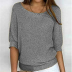 Grey Women's Batwing Knit Sweater with Ribbed Hem & Relaxed Fit
