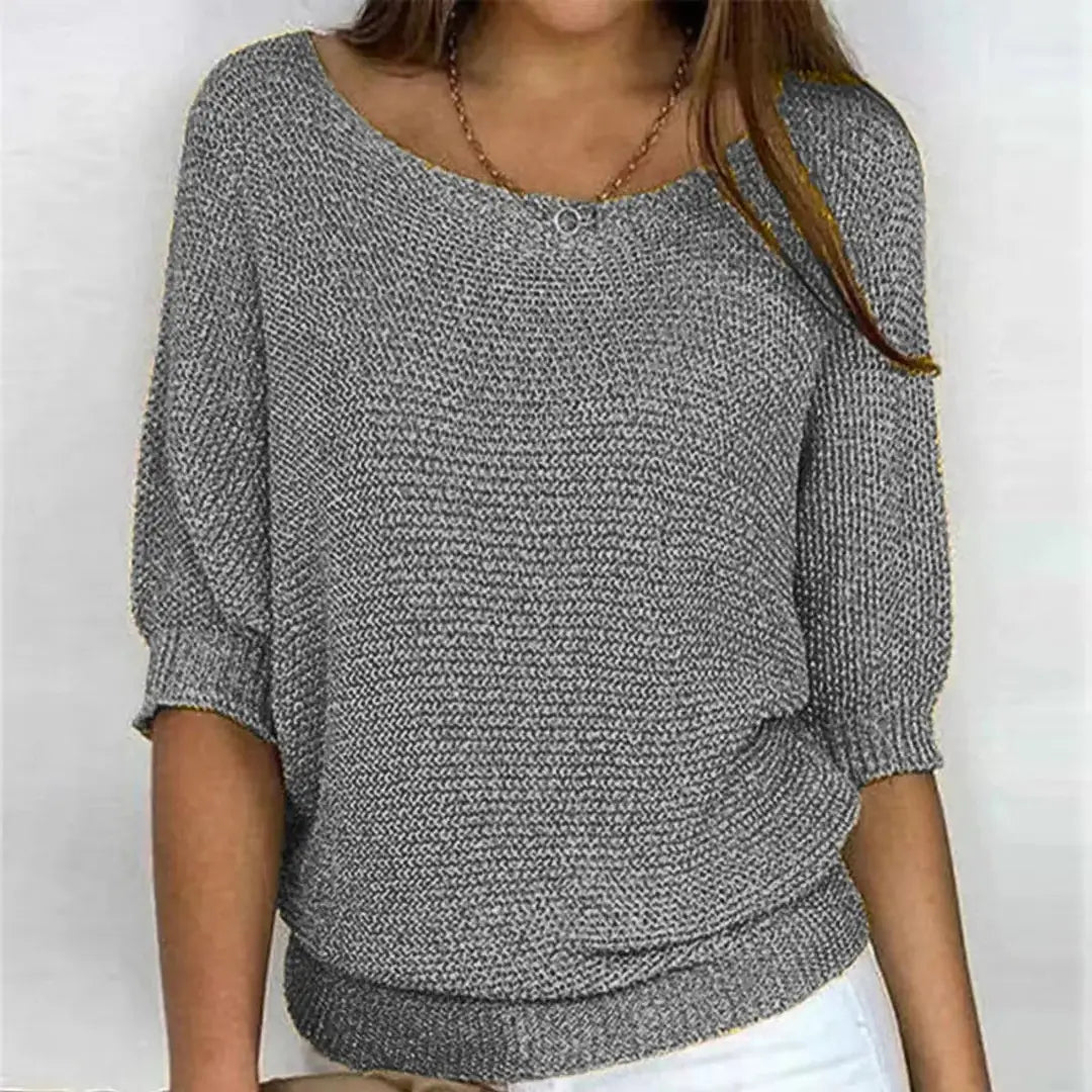 Grey Women's Batwing Knit Sweater with Ribbed Hem & Relaxed Fit