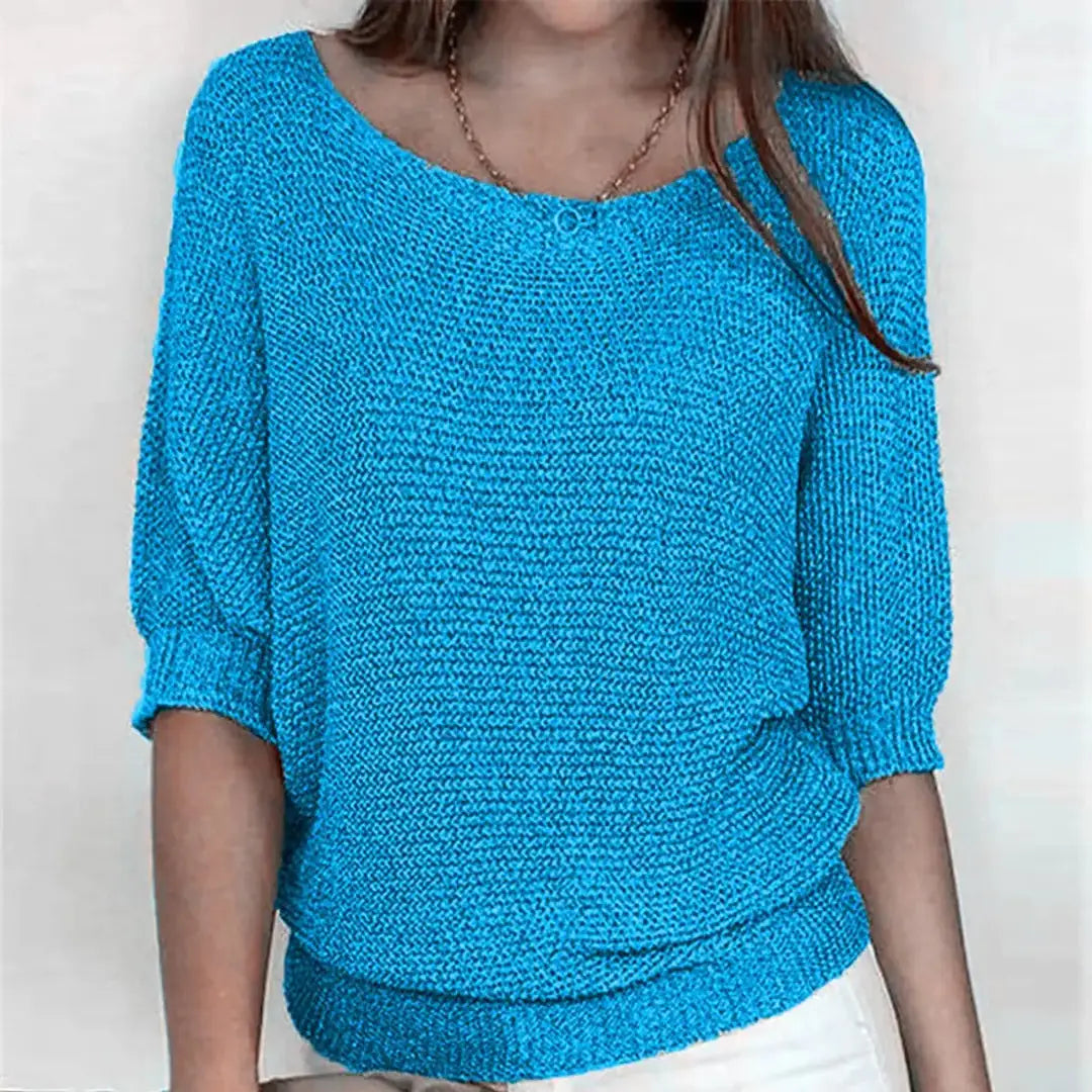 Blue Women's Batwing Knit Sweater with Ribbed Hem & Relaxed Fit