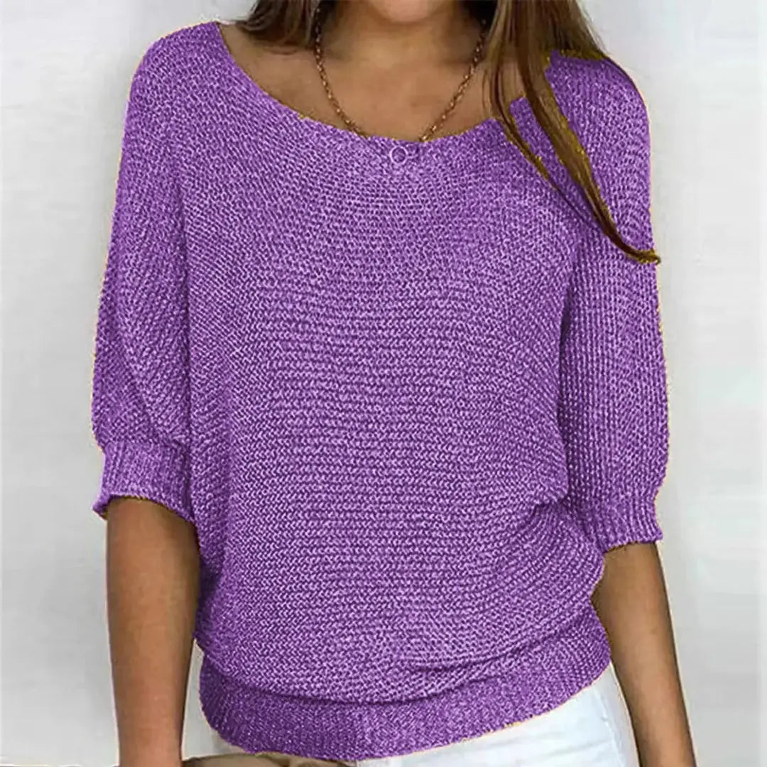 Purple Women's Batwing Knit Sweater with Ribbed Hem & Relaxed Fit