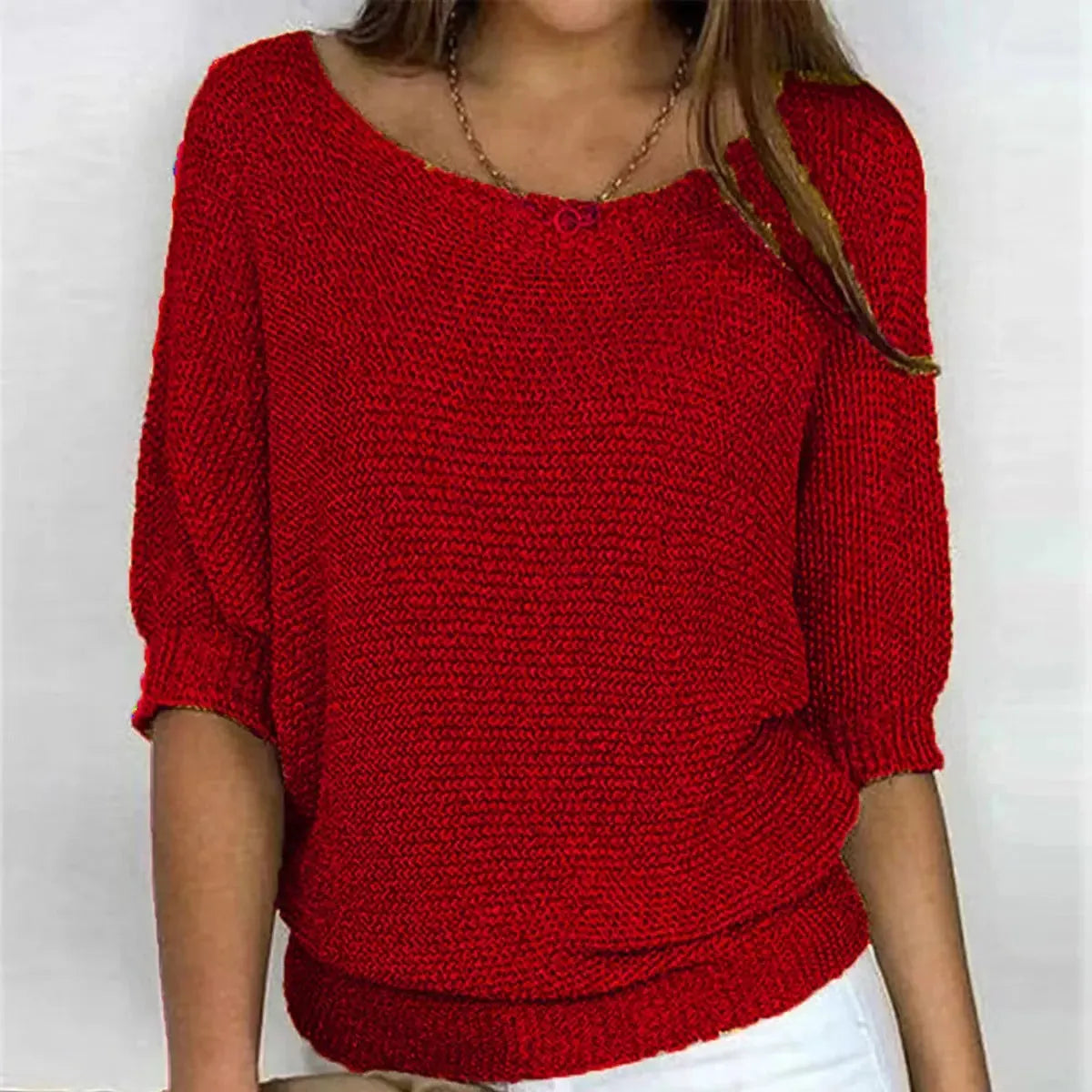 Red Women's Batwing Knit Sweater with Ribbed Hem & Relaxed Fit