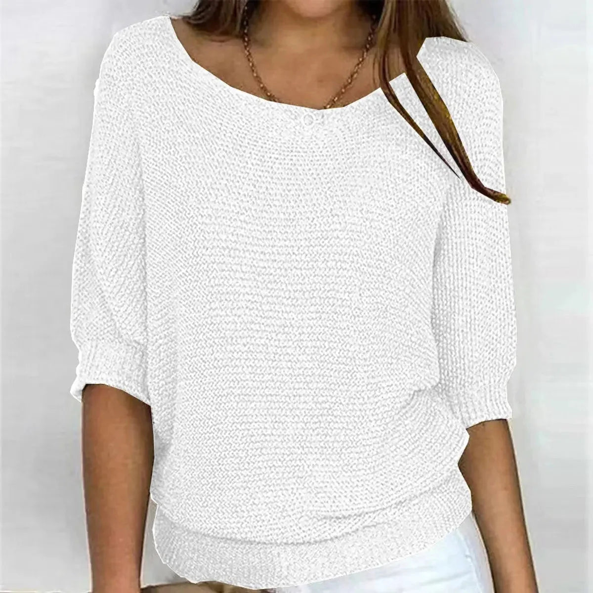 White Women's Batwing Knit Sweater with Ribbed Hem & Relaxed Fit