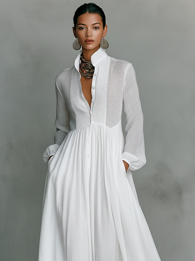 Women's Collared A-Line Maxi Dress with Long Sleeves & Relaxed Fit — Catherine