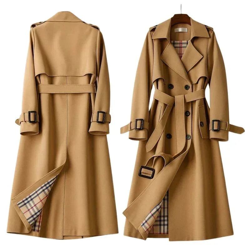 Women's Belted Trench Coat with Notched Lapel & Lightweight Comfort - Front Back Flat