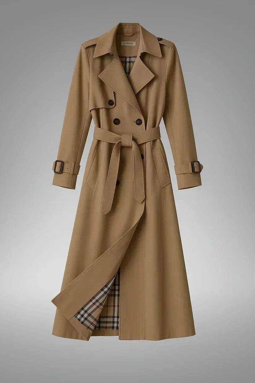 Beige Women's Belted Trench Coat with Notched Lapel & Lightweight Comfort
