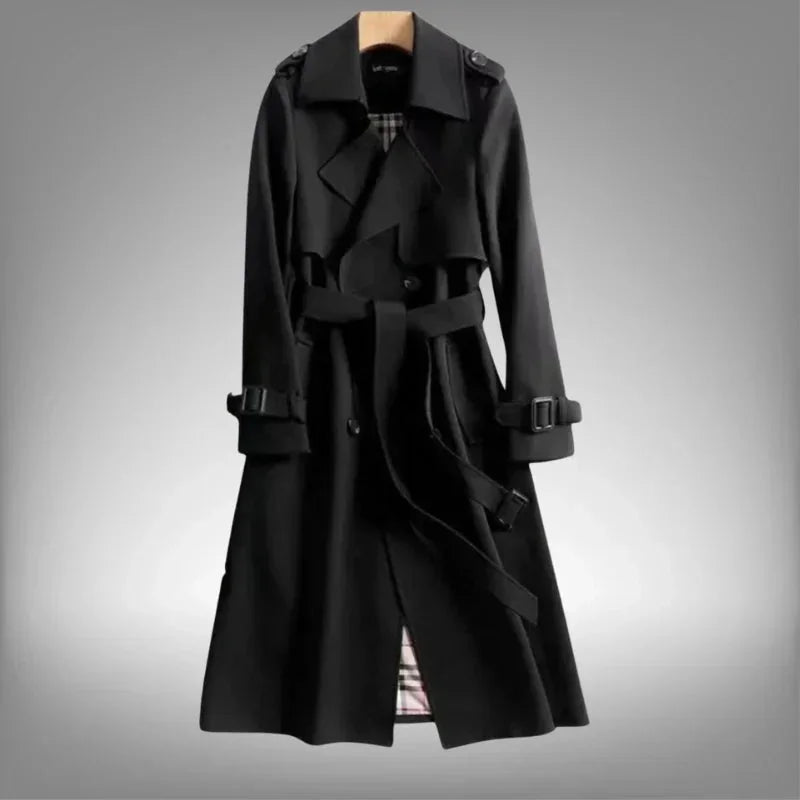 Black Women's Belted Trench Coat with Notched Lapel & Lightweight Comfort