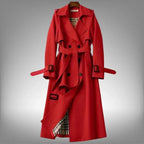 Red Women's Belted Trench Coat with Notched Lapel & Lightweight Comfort