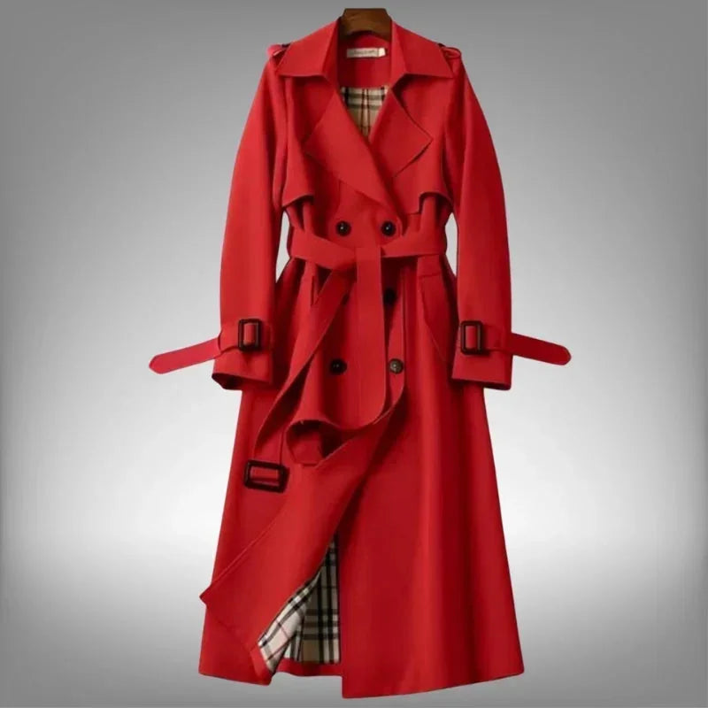 Red Women's Belted Trench Coat with Notched Lapel & Lightweight Comfort