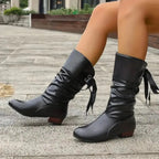 Black Women's Block Heel Boots in Slouchy Faux Leather with Lace-Up Ankle Tie — Lana - Side Pose Lean