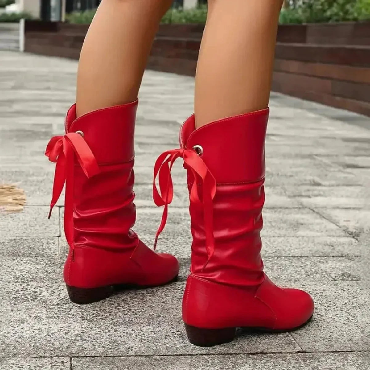 Red Women's Block Heel Boots in Slouchy Faux Leather with Lace-Up Ankle Tie — Lana - Back Detail