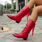 Red Women's Block Heel Boots in Slouchy Faux Leather with Lace-Up Ankle Tie — Lana - Side Kick Pose