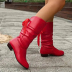 Red Women's Block Heel Boots in Slouchy Faux Leather with Lace-Up Ankle Tie — Lana - Side Walking