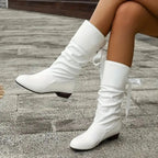 White Women's Block Heel Boots in Slouchy Faux Leather with Lace-Up Ankle Tie — Lana - Side Sitting Lean