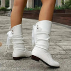 White Women's Block Heel Boots in Slouchy Faux Leather with Lace-Up Ankle Tie — Lana