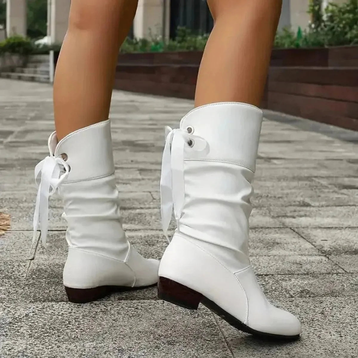 White Women's Block Heel Boots in Slouchy Faux Leather with Lace-Up Ankle Tie — Lana