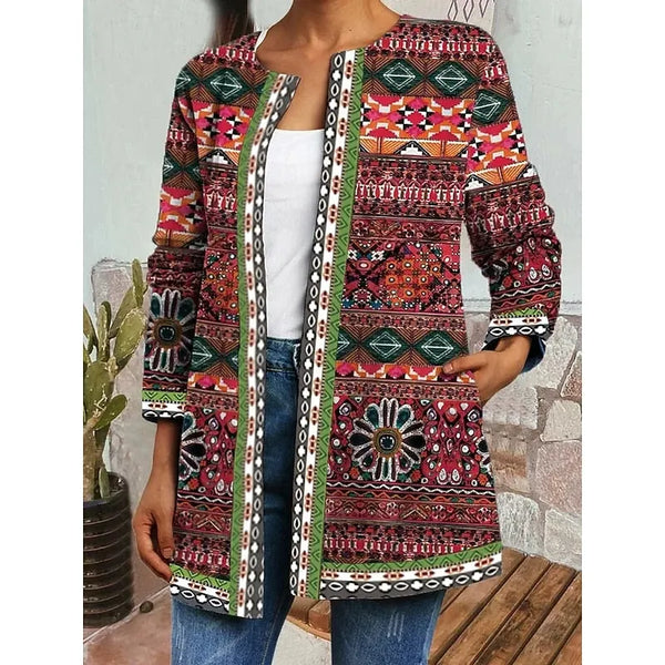 Women's Open Front Jacket with Patchwork Print & Long Sleeves — Gabrielle