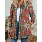 Red Women's Open Front Jacket with Patchwork Print & Long Sleeves — Gabrielle