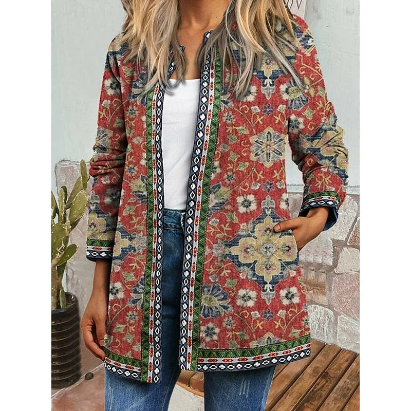 Red Women's Open Front Jacket with Patchwork Print & Long Sleeves — Gabrielle