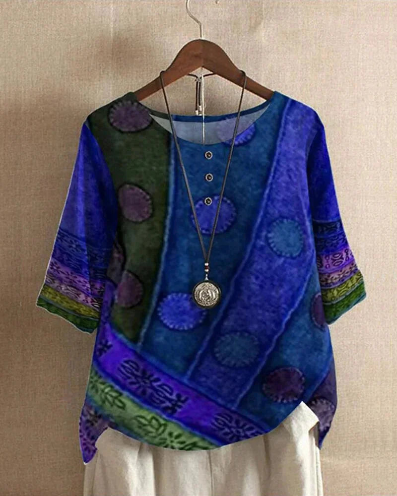 Blue Women's Boho Tunic Top with Button-Front Placket & Three-Quarter Sleeves — Beatrice