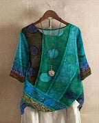 Green Women's Boho Tunic Top with Button-Front Placket & Three-Quarter Sleeves — Beatrice