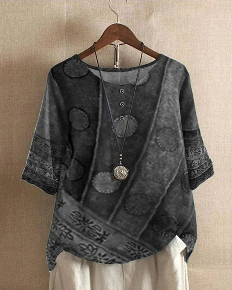 Grey Women's Boho Tunic Top with Button-Front Placket & Three-Quarter Sleeves — Beatrice