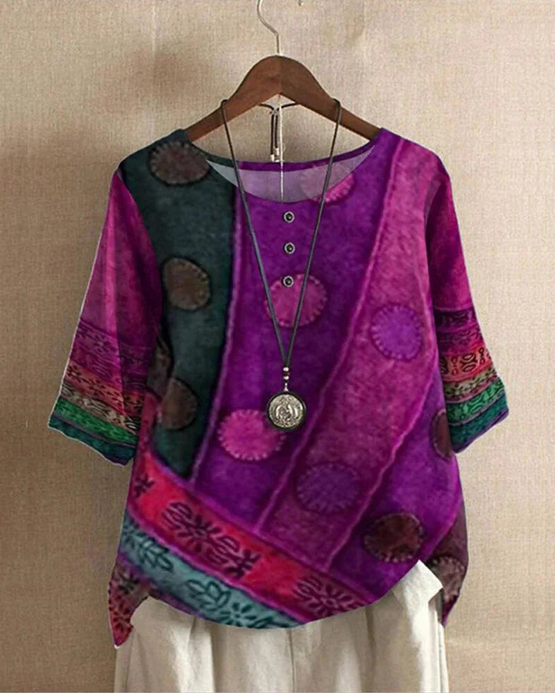 Lilac Women's Boho Tunic Top with Button-Front Placket & Three-Quarter Sleeves — Beatrice
