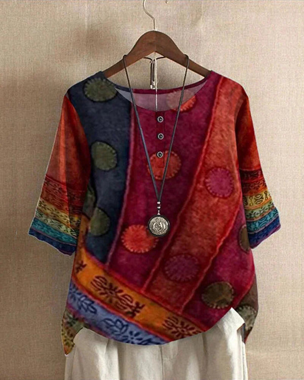 Red Women's Boho Tunic Top with Button-Front Placket & Three-Quarter Sleeves — Beatrice - Front Full
