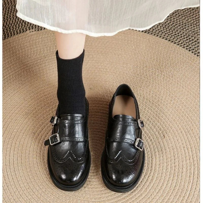 Women's Brogue Loafers with Fringed Kiltie & Cushioned Footbed - Front View Buckle Detail
