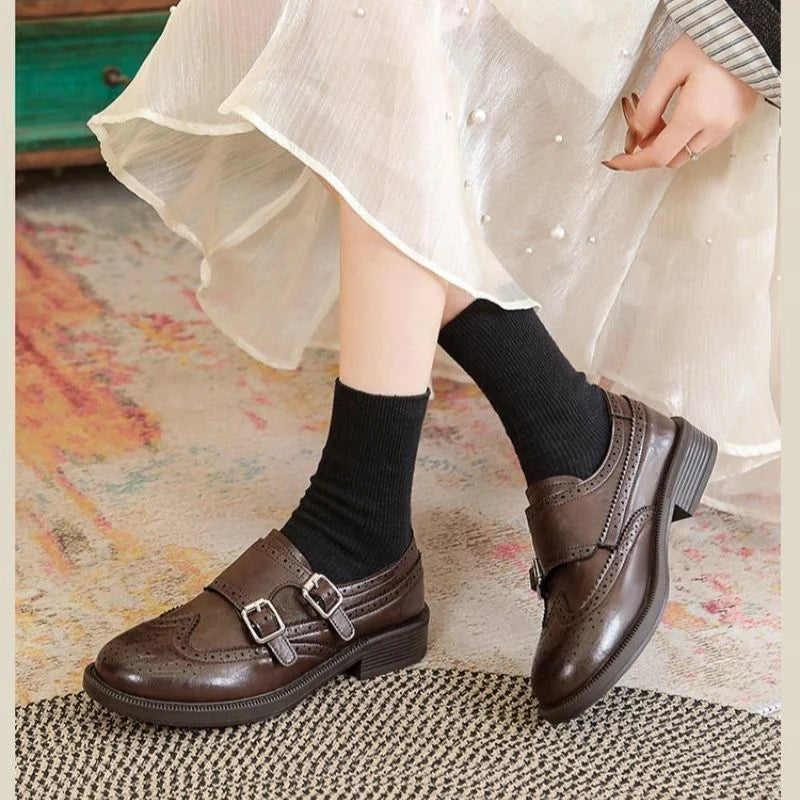 Brown Women's Brogue Loafers with Fringed Kiltie & Cushioned Footbed - Worn Double Buckle Detail