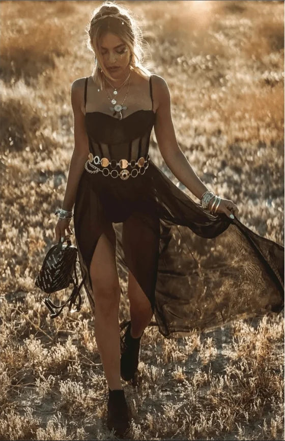 Black Women's Sweetheart Bustier Maxi Dress with High Slit