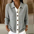 Black Women's Striped Cardigan with Button-Front Closure & Point Collar — Camille