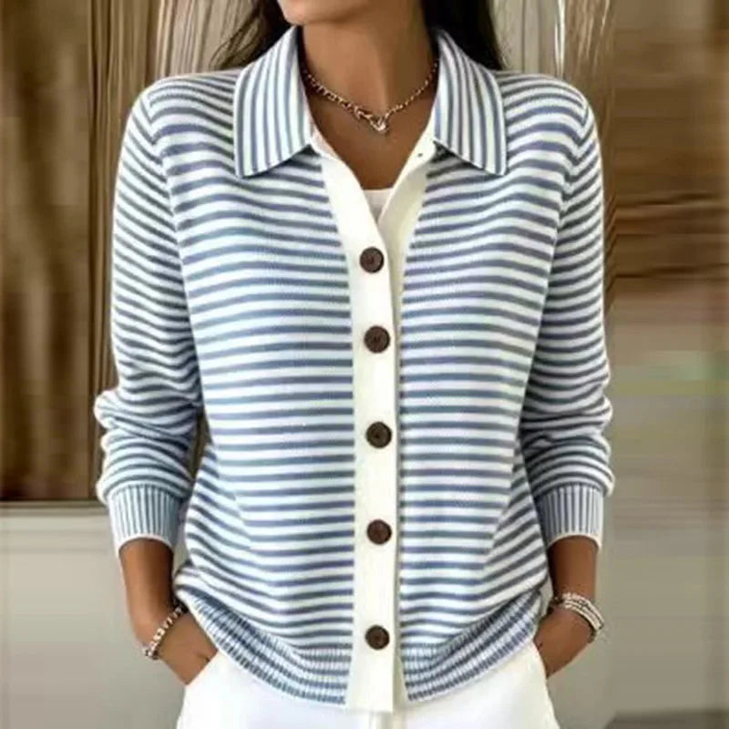 Blue Women's Striped Cardigan with Button-Front Closure & Point Collar — Camille