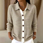 Brown Women's Striped Cardigan with Button-Front Closure & Point Collar — Camille