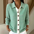 Green Women's Striped Cardigan with Button-Front Closure & Point Collar — Camille