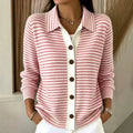 Women's Striped Cardigan with Button-Front Closure & Point Collar — Camille