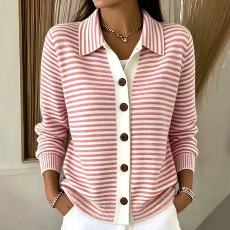 Pink Women's Striped Cardigan with Button-Front Closure & Point Collar — Camille