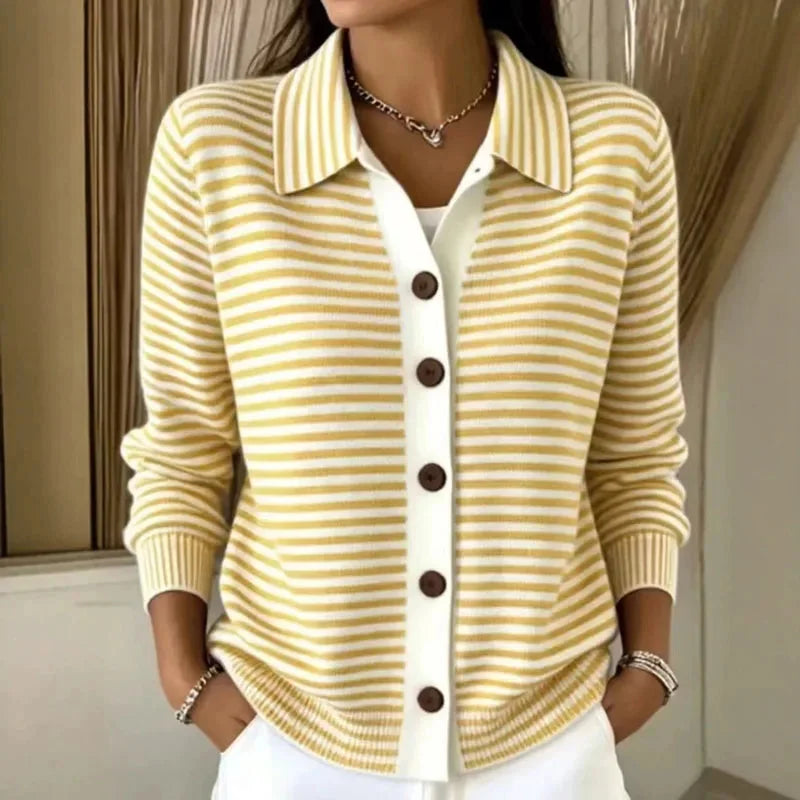 Yellow Women's Striped Cardigan with Button-Front Closure & Point Collar — Camille