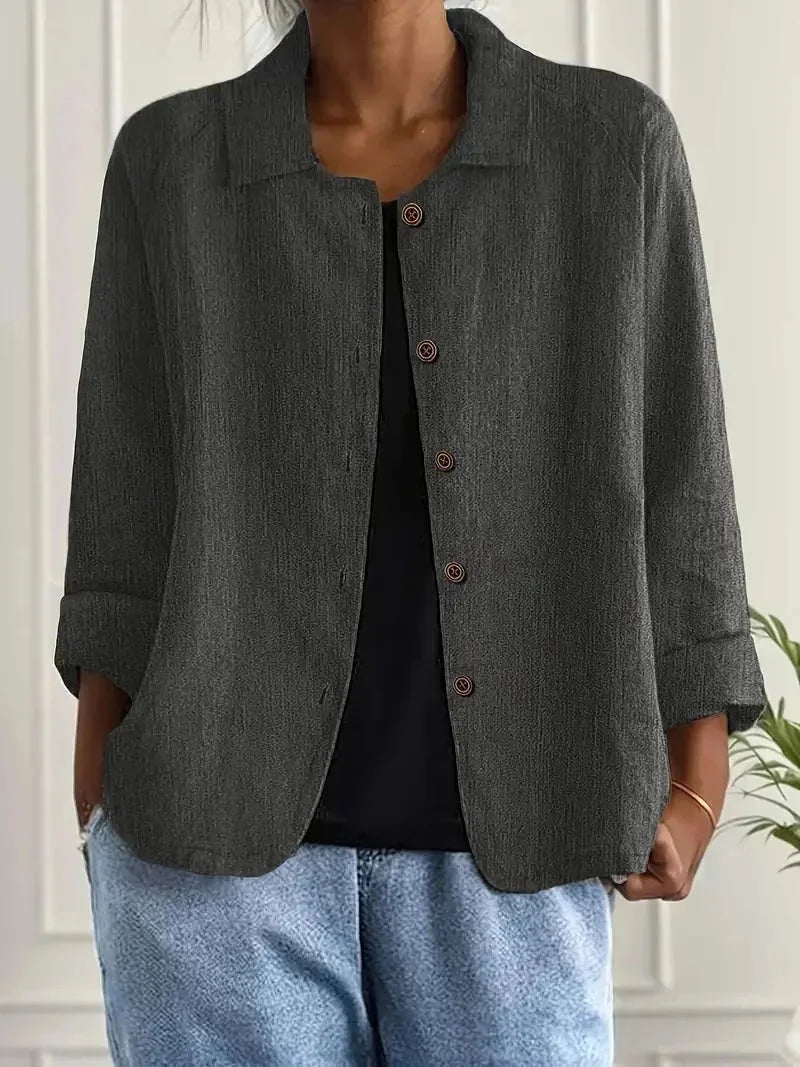 Dark Gray Women's Button Front Jacket with Relaxed Fit & Long Sleeves — Annabelle