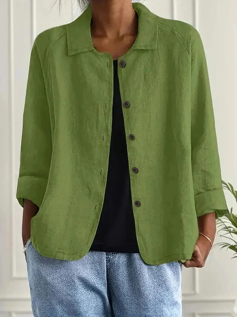Green Women's Button Front Jacket with Relaxed Fit & Long Sleeves — Annabelle