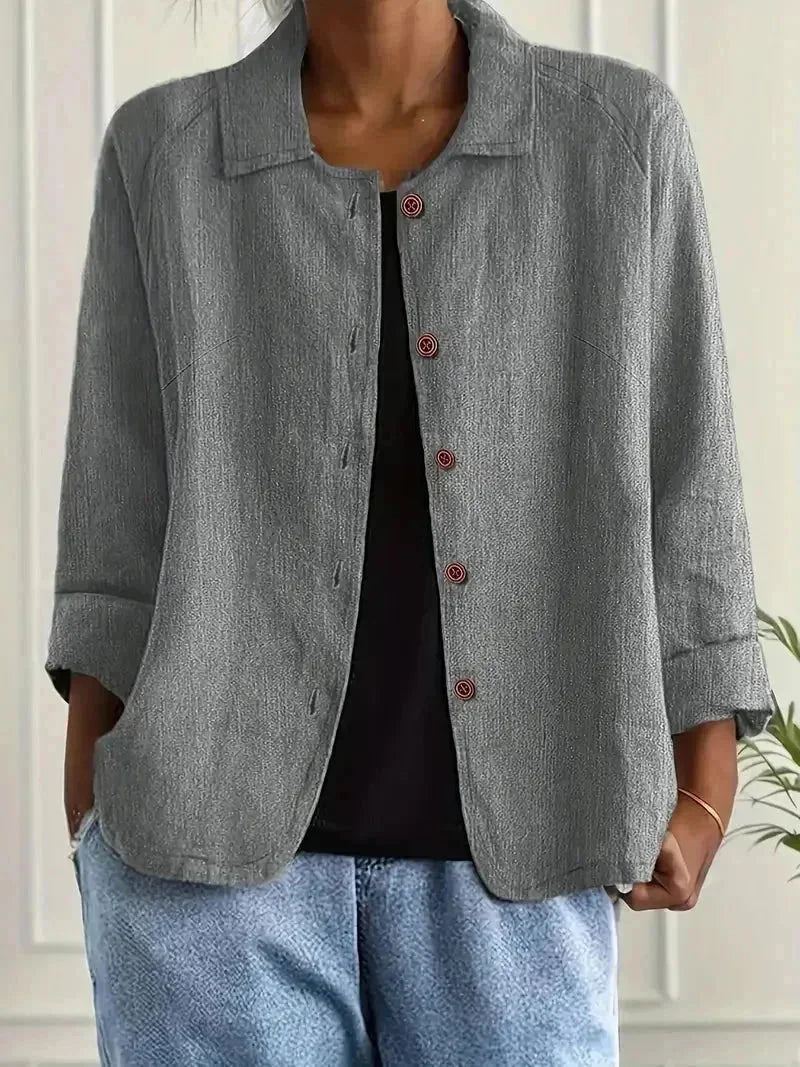 Light Gray Women's Button Front Jacket with Relaxed Fit & Long Sleeves — Annabelle