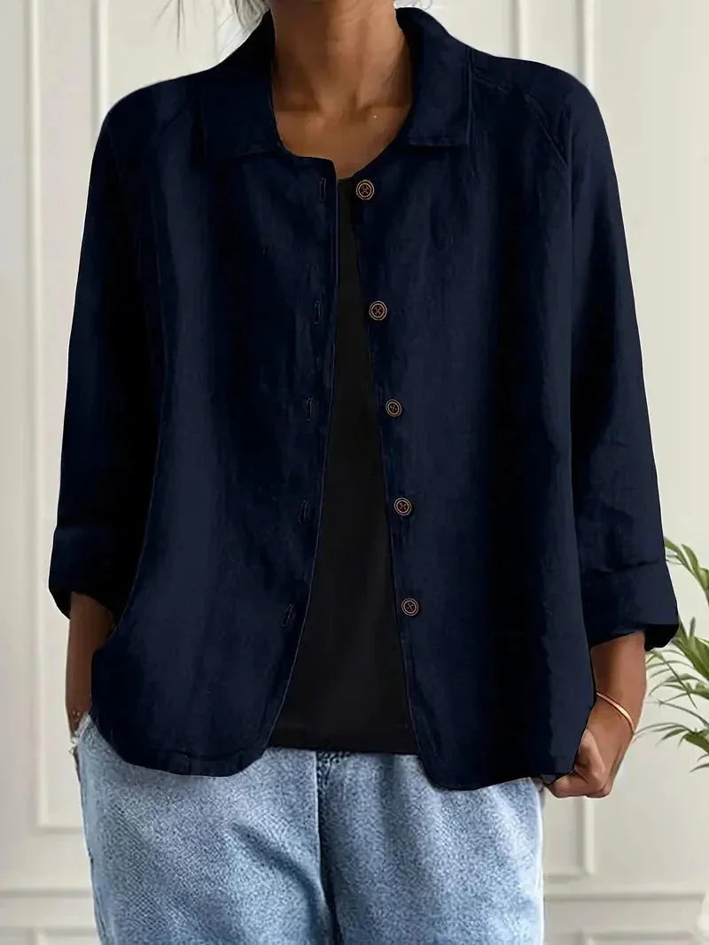 Navy Blue Women's Button Front Jacket with Relaxed Fit & Long Sleeves — Annabelle