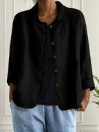 Black Women's Button-Front Linen Jacket with Relaxed Fit