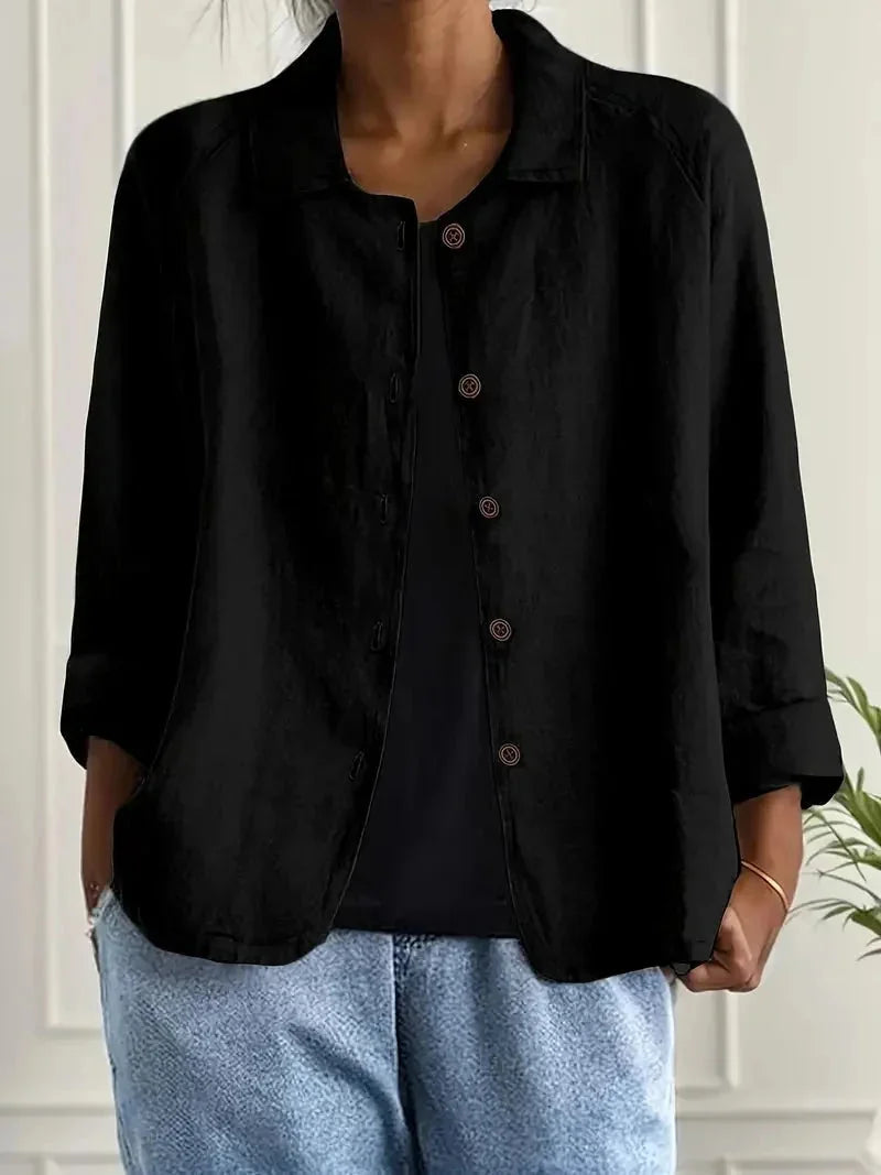Black Women's Button-Front Linen Jacket with Relaxed Fit